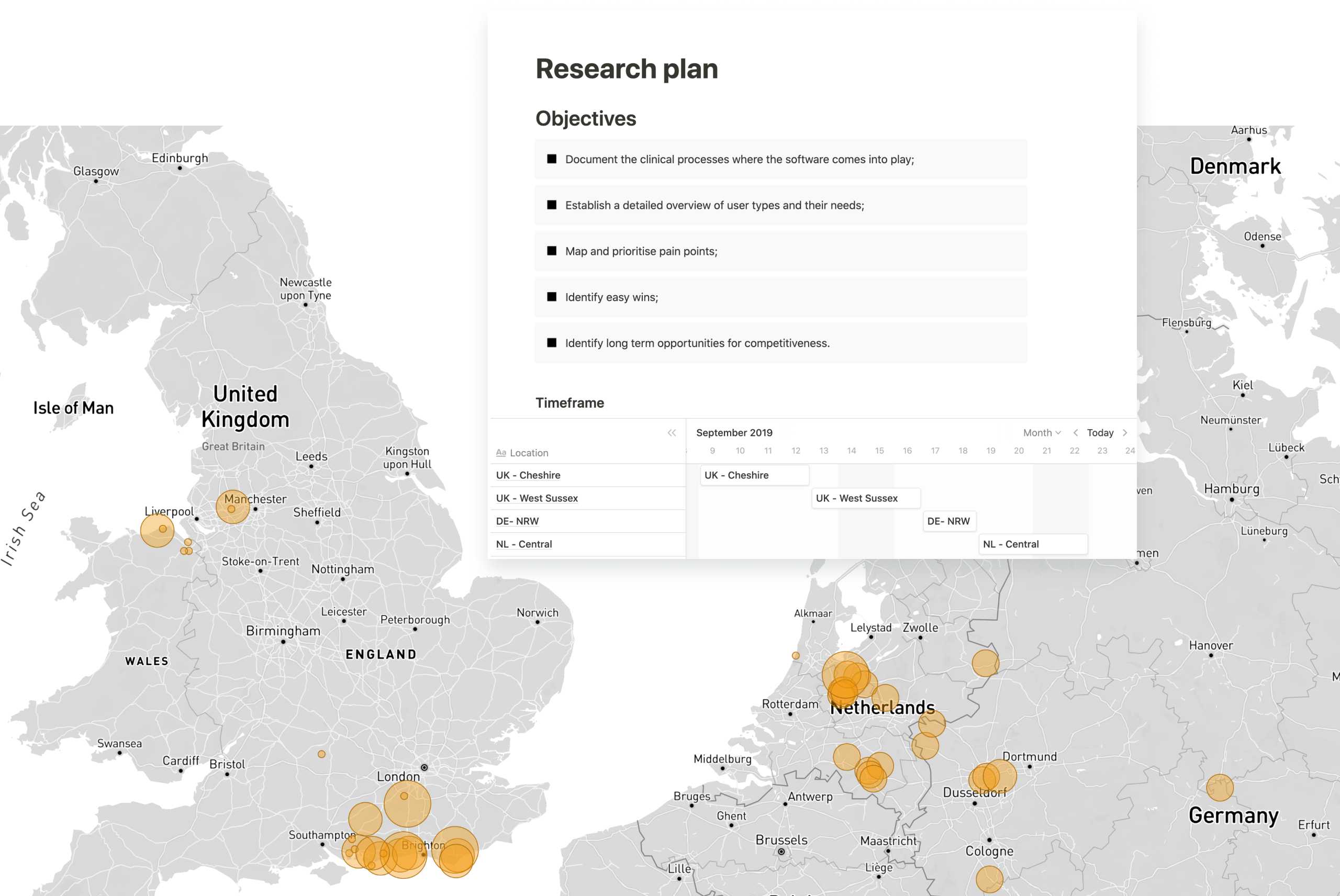 Mapa de España, el Reino Unido y Alemania con las ubicaciones de las investigaciones de usuarios resaltadas