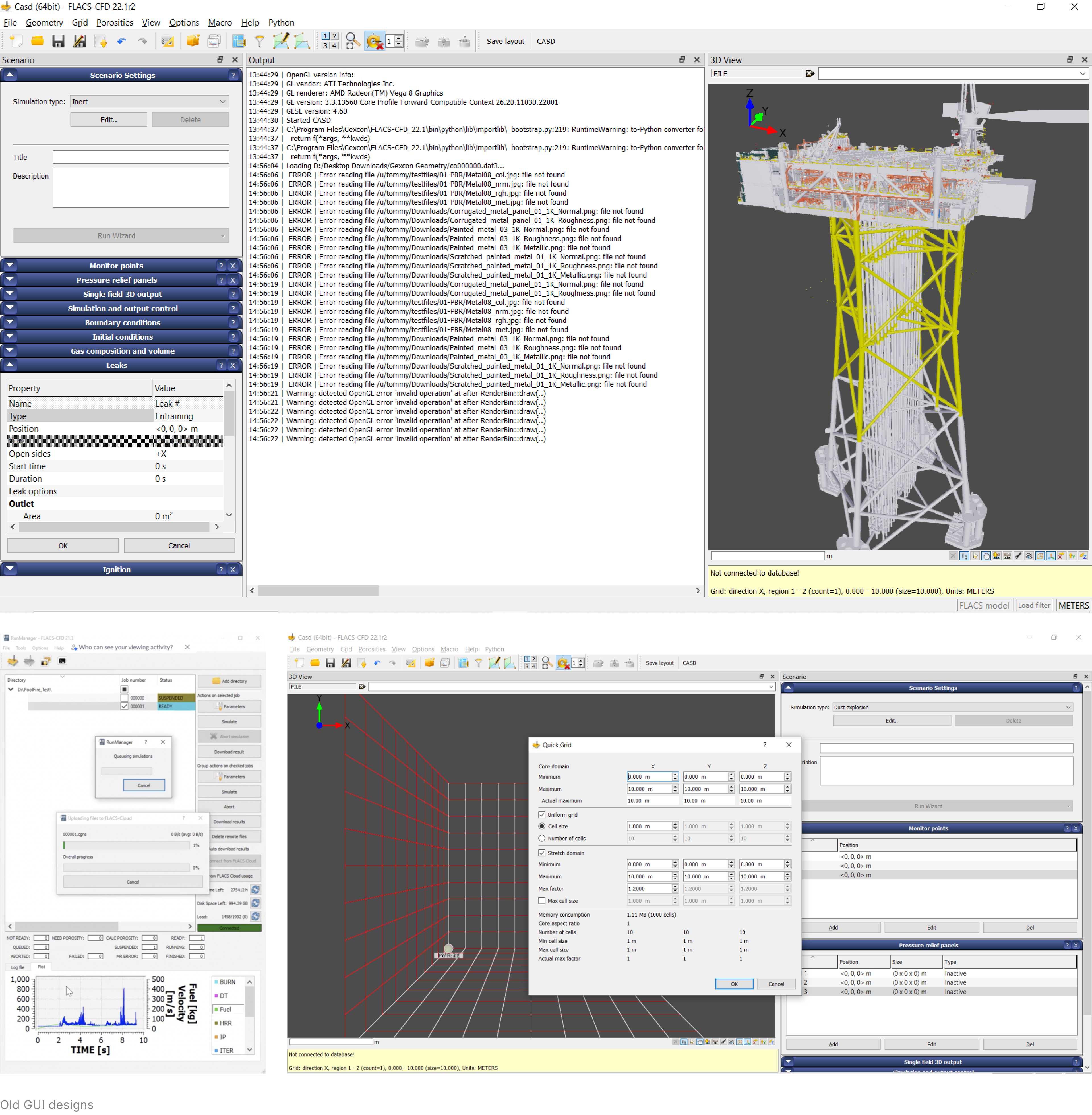 Capturas de pantalla de una antigua interfaz de usuario de un software de simulación CFD.