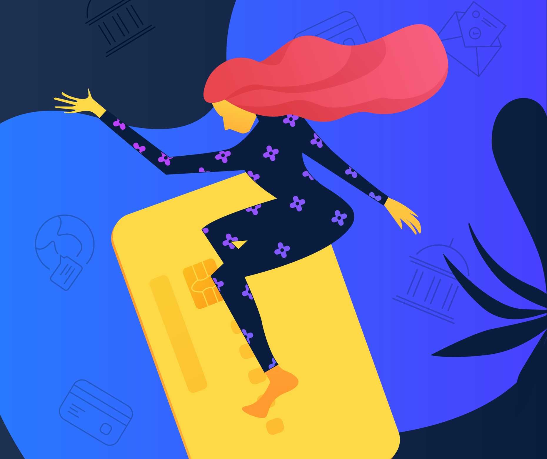 Ilustración para la interfaz de usuario de una aplicación móvil con una mujer navegando con una tarjeta de crédito