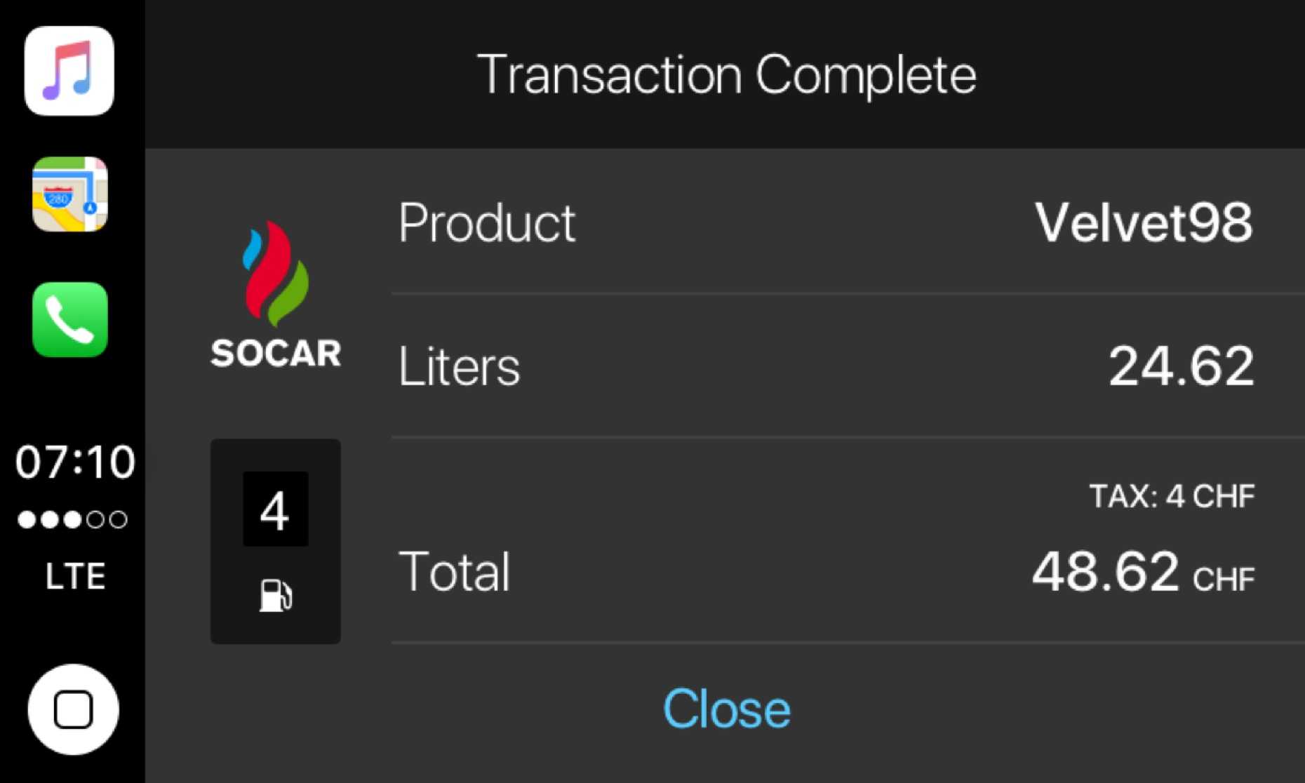 Diseño Ui para pantalla de éxito de transacción en aplicación car play para gasolinera