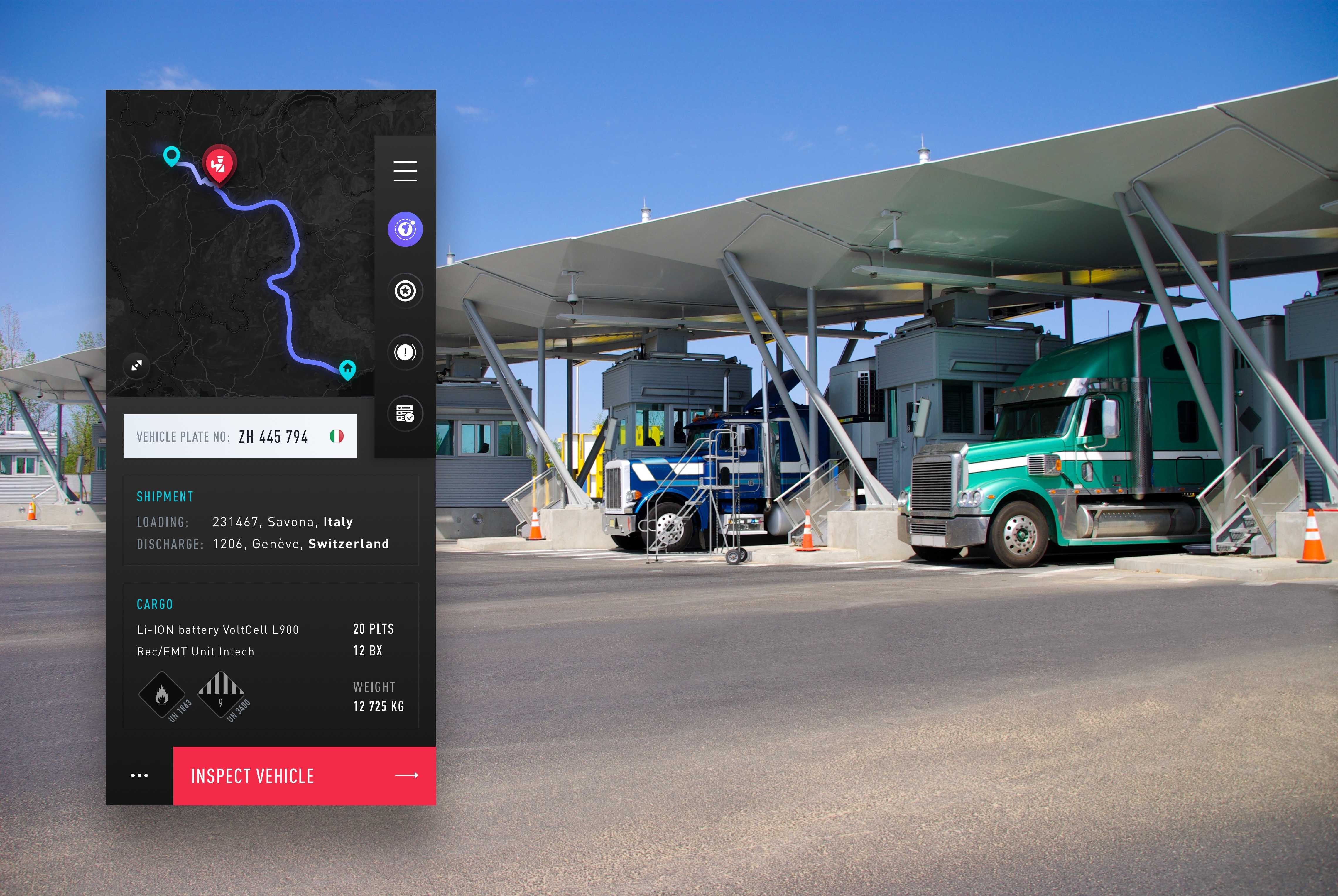 Diseño de la interfaz de usuario de una aplicación de inteligencia en un paso fronterizo con camiones esperando en segundo plano
